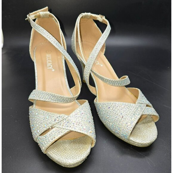 Womens Heels Silver Glitter Rhinestone Strappy Open Toe Delicacy Size 7 JJ4016 - Picture 4 of 9